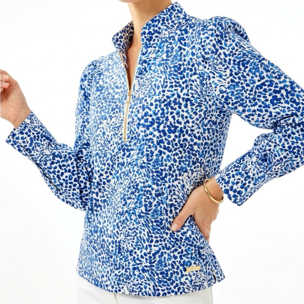 Lilly Pulitzer Cabello Half-Zip Popover in "Twisted Up" Blue Leopard (Size S)